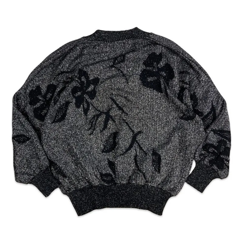 Vintage Knitted Lurex V-neck Floral Jumper Black Silver 14 16 18 20