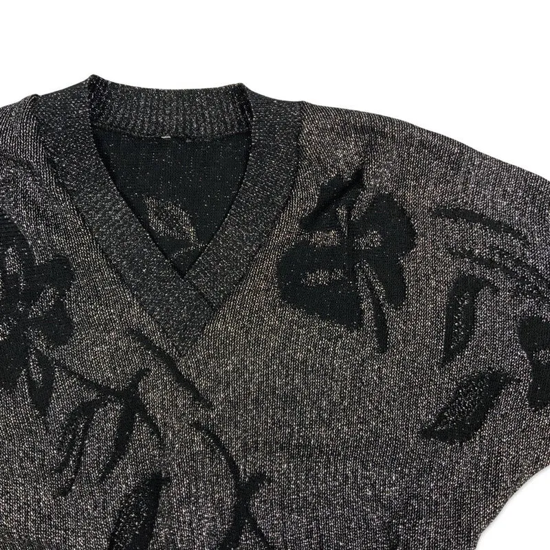 Vintage Knitted Lurex V-neck Floral Jumper Black Silver 14 16 18 20
