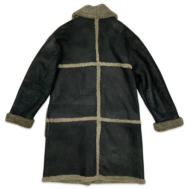Vintage 90s Shearling Coat Black Brown Cream Sheepskin Trim 12 14
