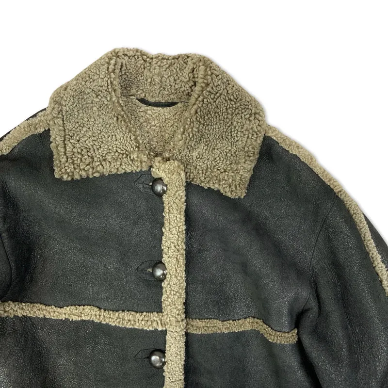 Vintage 90s Shearling Coat Black Brown Cream Sheepskin Trim 12 14