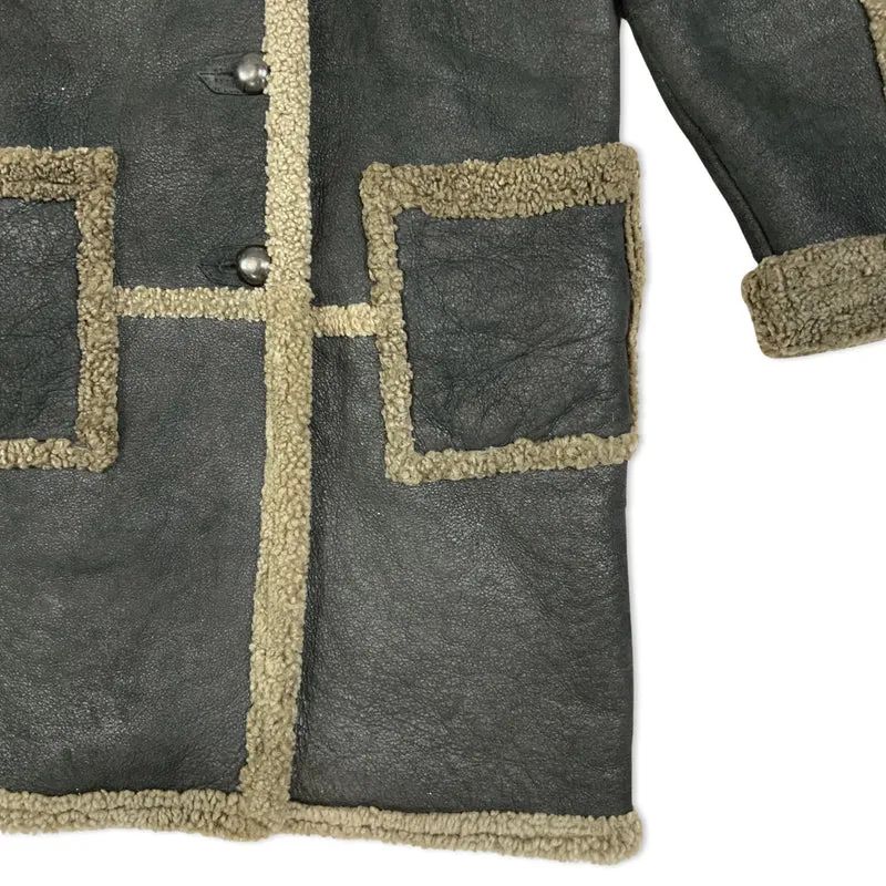 Vintage 90s Shearling Coat Black Brown Cream Sheepskin Trim 12 14