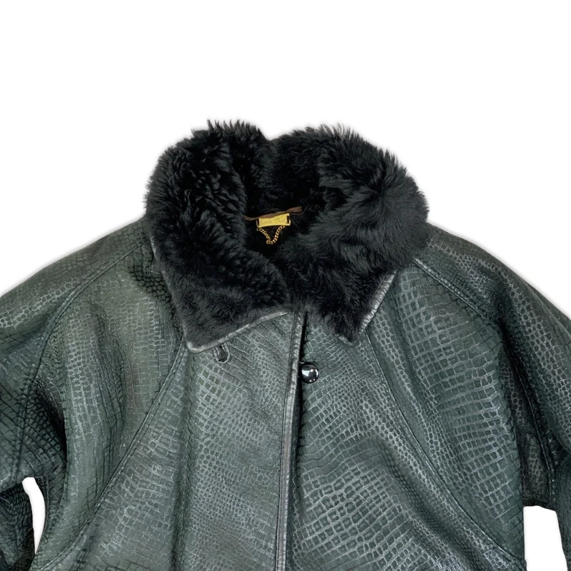 Vintage 80s Faux Crocodile Snakeskin Shearling Coat Dark Green Black L 16
