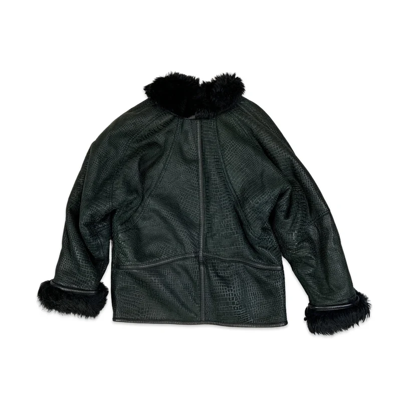Vintage 80s Faux Crocodile Snakeskin Shearling Coat Dark Green Black L 16