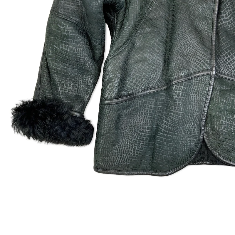 Vintage 80s Faux Crocodile Snakeskin Shearling Coat Dark Green Black L 16