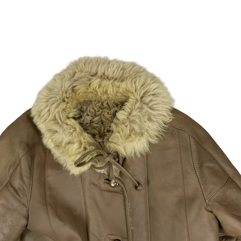 Vintage Brown and Cream Shearling Midi Coat Sheepskin Suede Jacket S 10