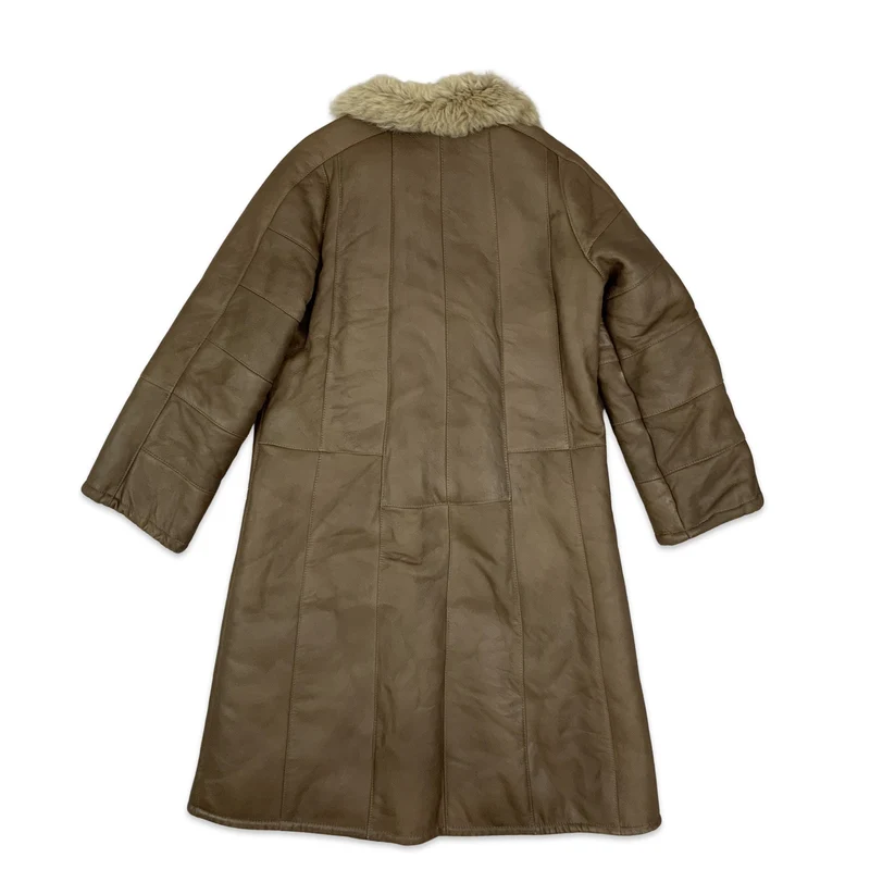 Vintage Brown and Cream Shearling Midi Coat Sheepskin Suede Jacket S 10