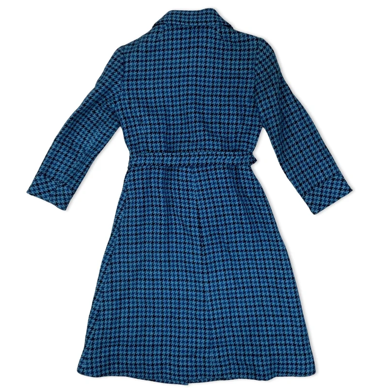 Vintage 60s 70s Blue Houndstooth Wool Midi Coat Belted 8