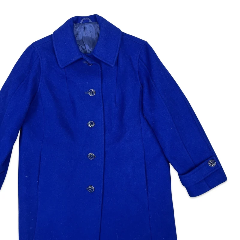 Vintage 80s Womens Wool Longline Duster Coat Royal Blue L 16