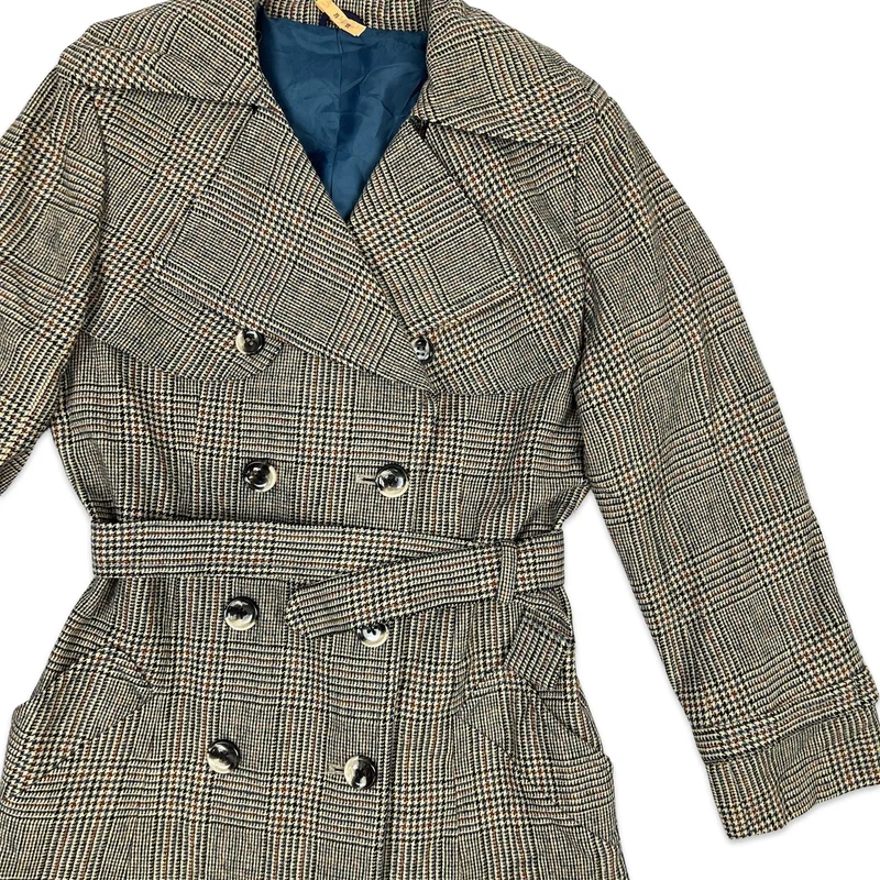 Vintage Womens Wool Trench Coat Brown Orange Blue Dogtooth Check 8