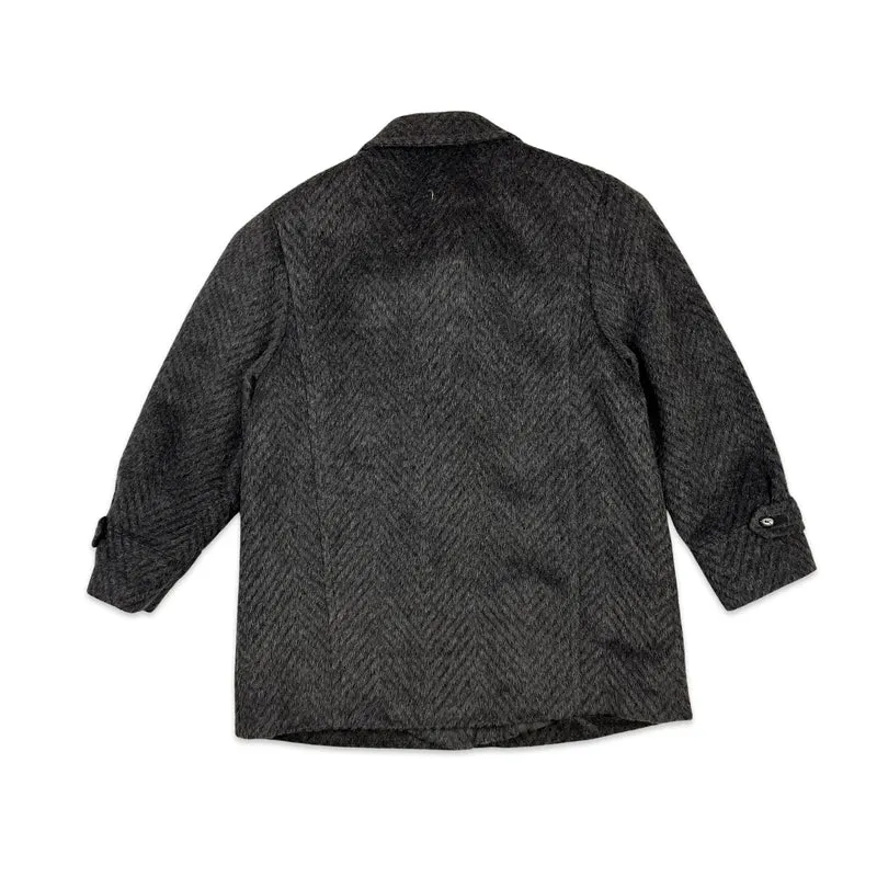 Vintage 80s Womens Wool Midi Coat Charcoal Grey Herringbone 16