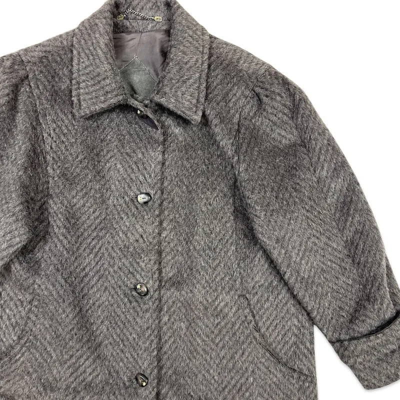 Vintage 80s Womens Wool Midi Coat Charcoal Grey Herringbone 16