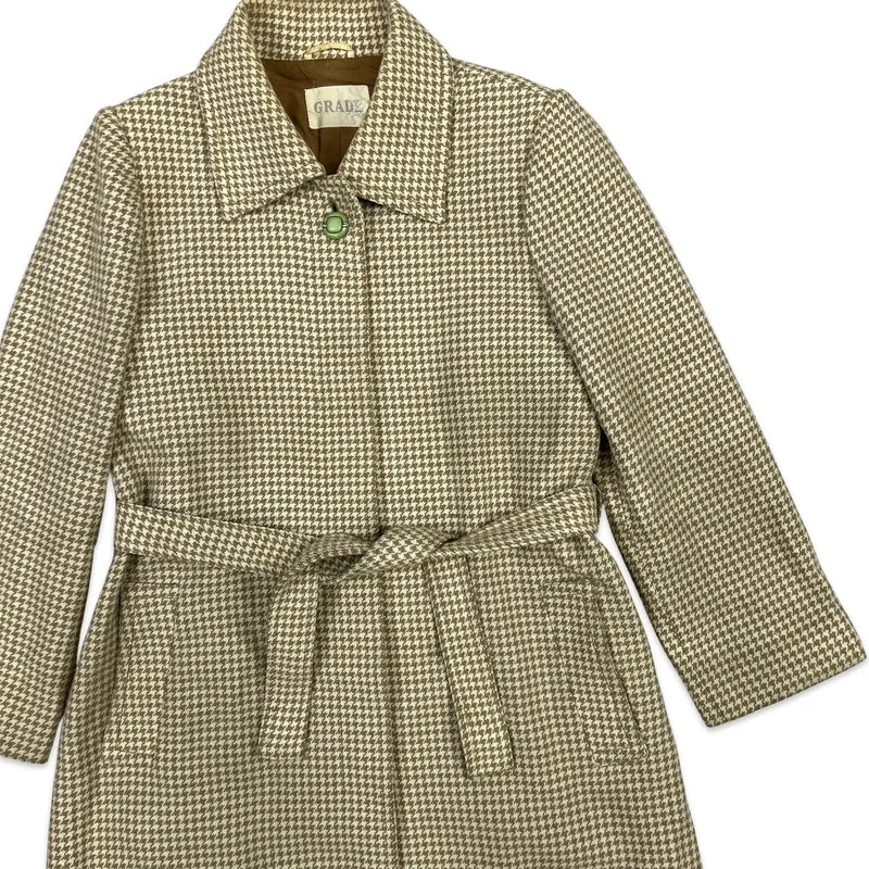 Vintage Womens Midi Wool Coat Dogtooth Check Brown Cream S 8-10