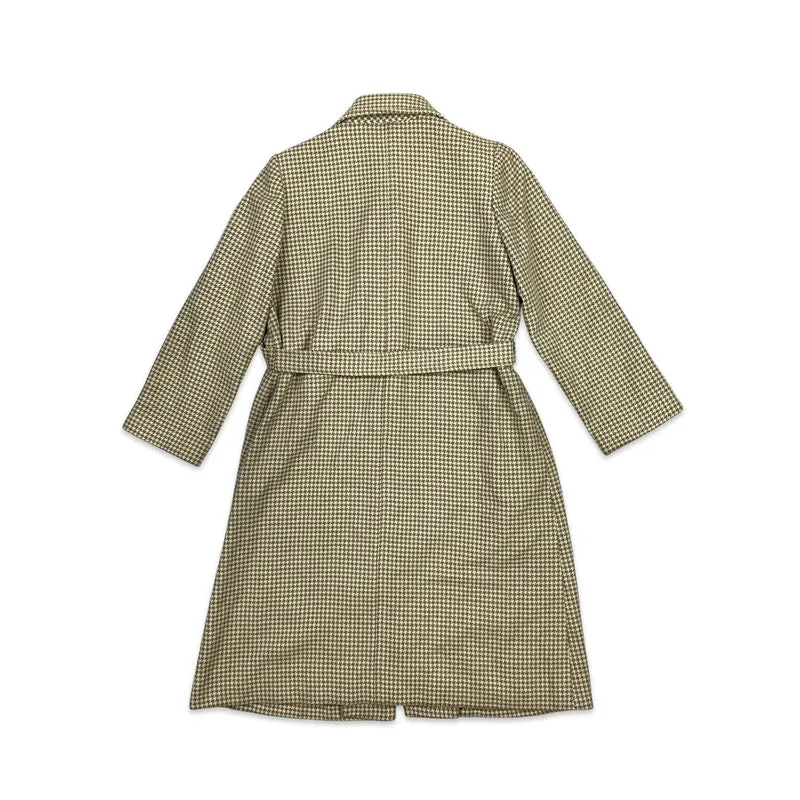 Vintage Womens Midi Wool Coat Dogtooth Check Brown Cream S 8-10
