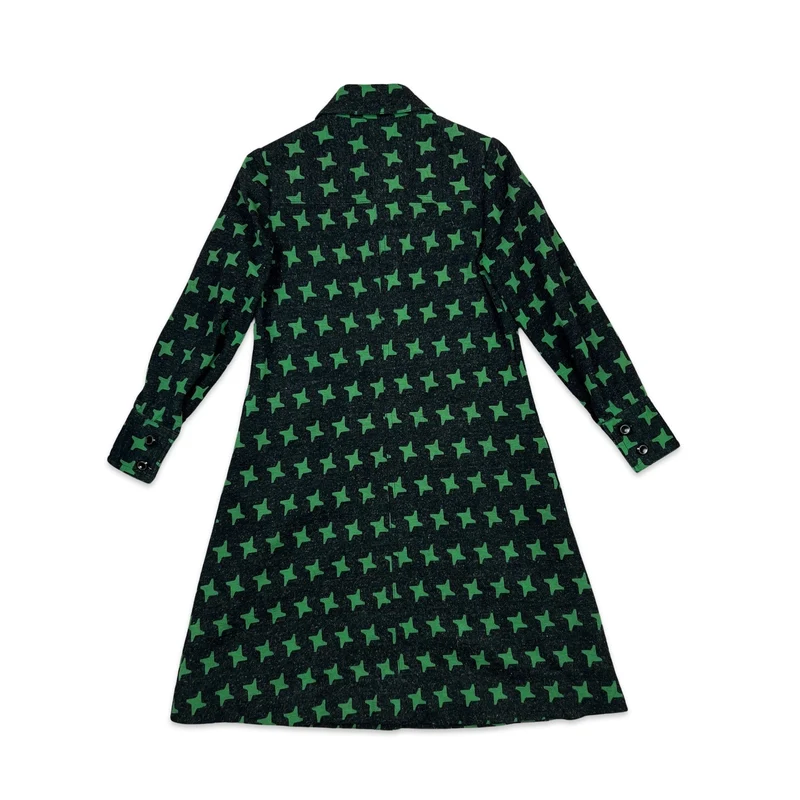 Patterned Midi Wool Coat Geometric Star Pattern Charcoal Green Stars 8