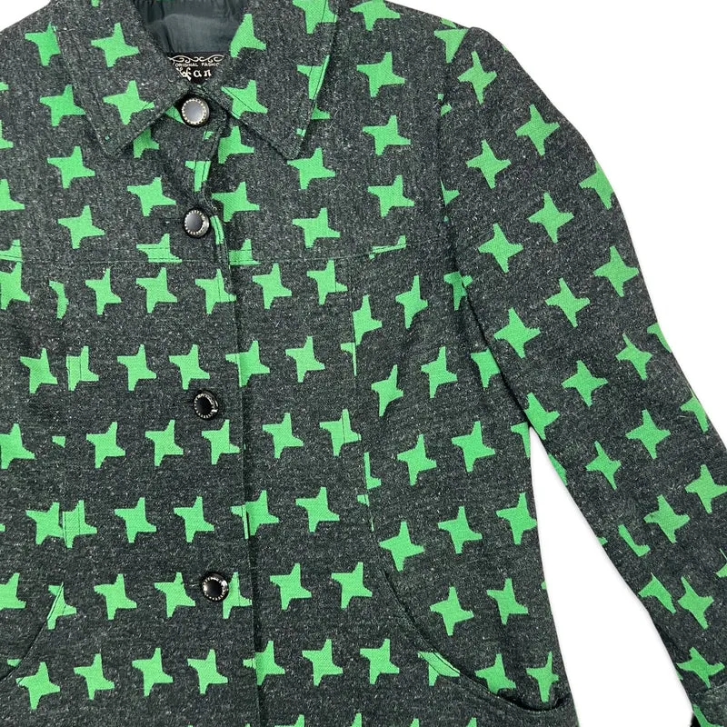 Patterned Midi Wool Coat Geometric Star Pattern Charcoal Green Stars 8