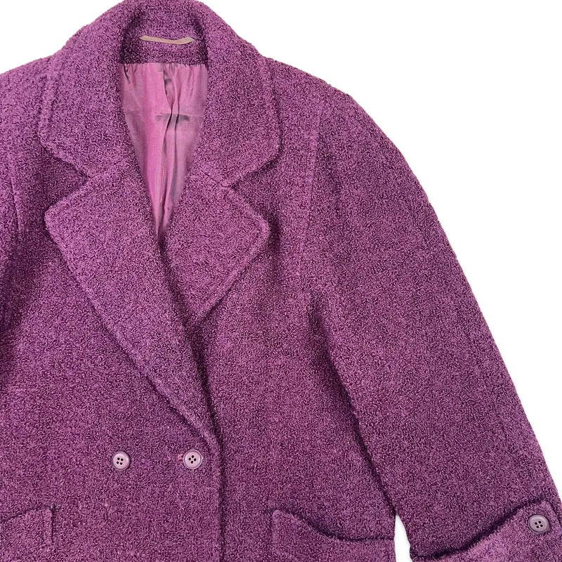 Vintage 80s Short Wool Coat Double Breasted Purple Blazer Jacket L 16