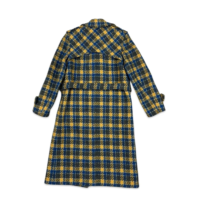 Vintage 70s Wool Midi Coat Blue Yellow Charcoal Tartan Check 6 8