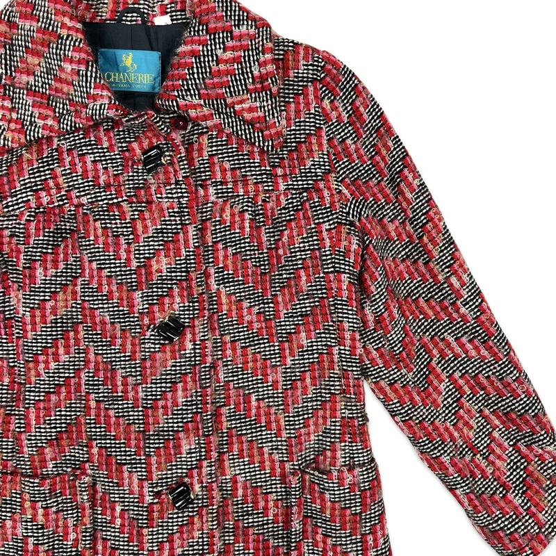 Vintage Midi Wool Coat Black White Red Pink Chevron S 8