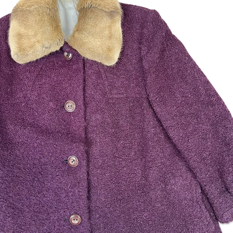 Vintage Womens 70s Purple Bouclé Wool Coat Faux Fur 16-18