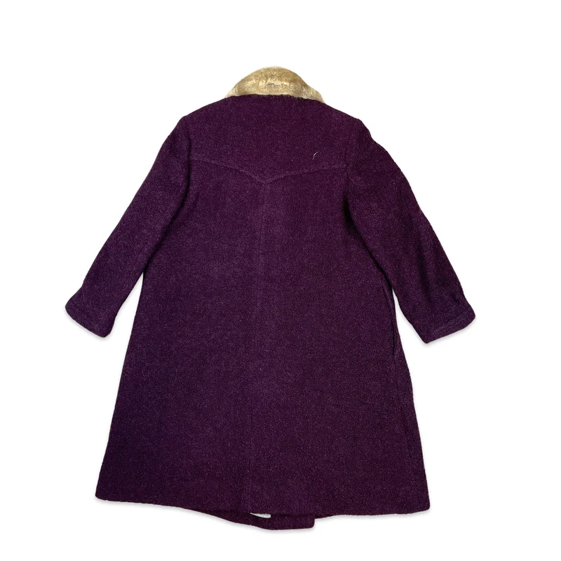 Vintage Womens 70s Purple Bouclé Wool Coat Faux Fur 16-18