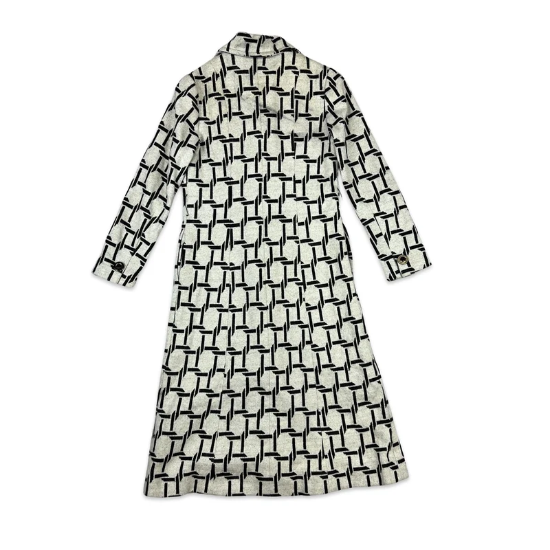 Vintage 90s Wool Midi Coat Geometric Print Cream & Black 8