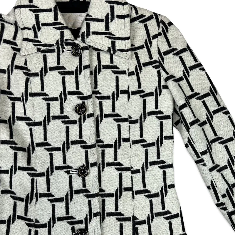 Vintage 90s Wool Midi Coat Geometric Print Cream & Black 8