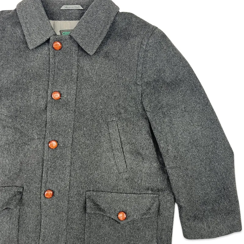 Vintage 80s Mens Italian Wool Midi Coat Charcoal Grey XL