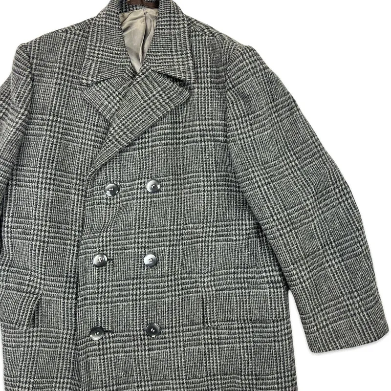 Vintage 60s Mens Grey Checked Double Breasted Wool Tweed Coat Large