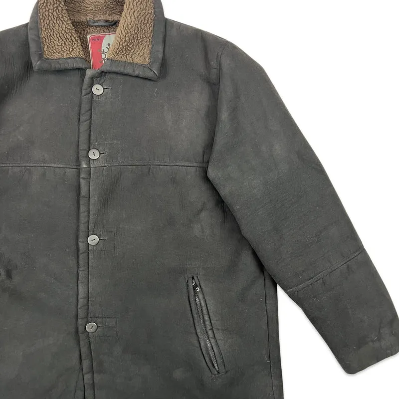 Vintage 90s Mens Shearling Faux Suede Coat Black Brown XL