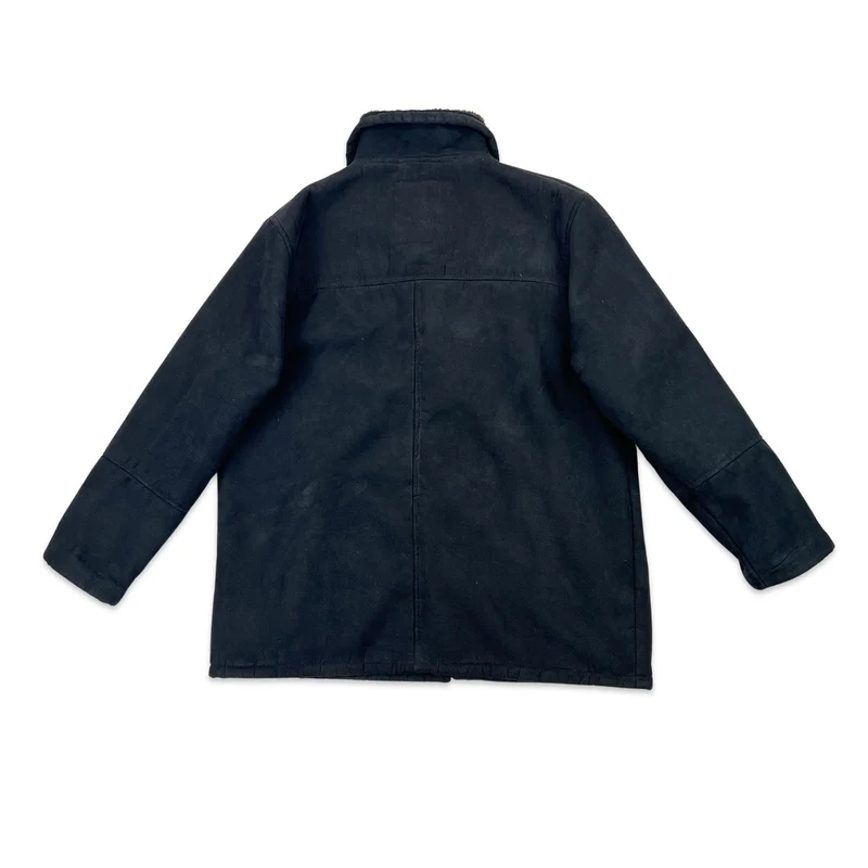 Vintage 90s Mens Shearling Faux Suede Coat Black Brown XL