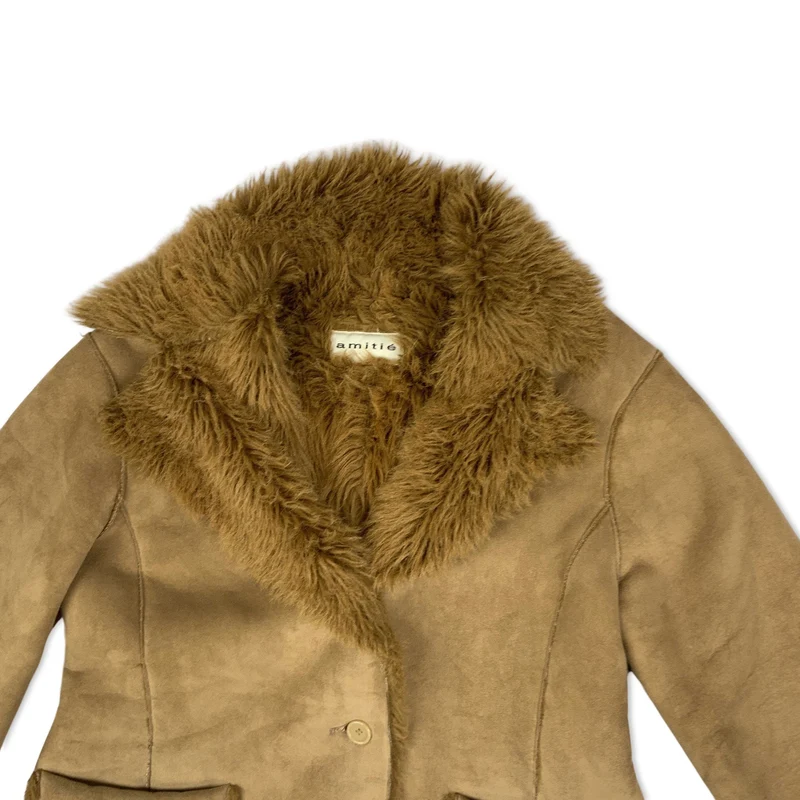 Vintage 90s Amitie Tan Shearling Coat with Faux Fur Collar 14 16