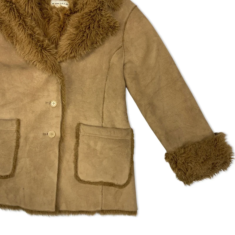 Vintage 90s Amitie Tan Shearling Coat with Faux Fur Collar 14 16