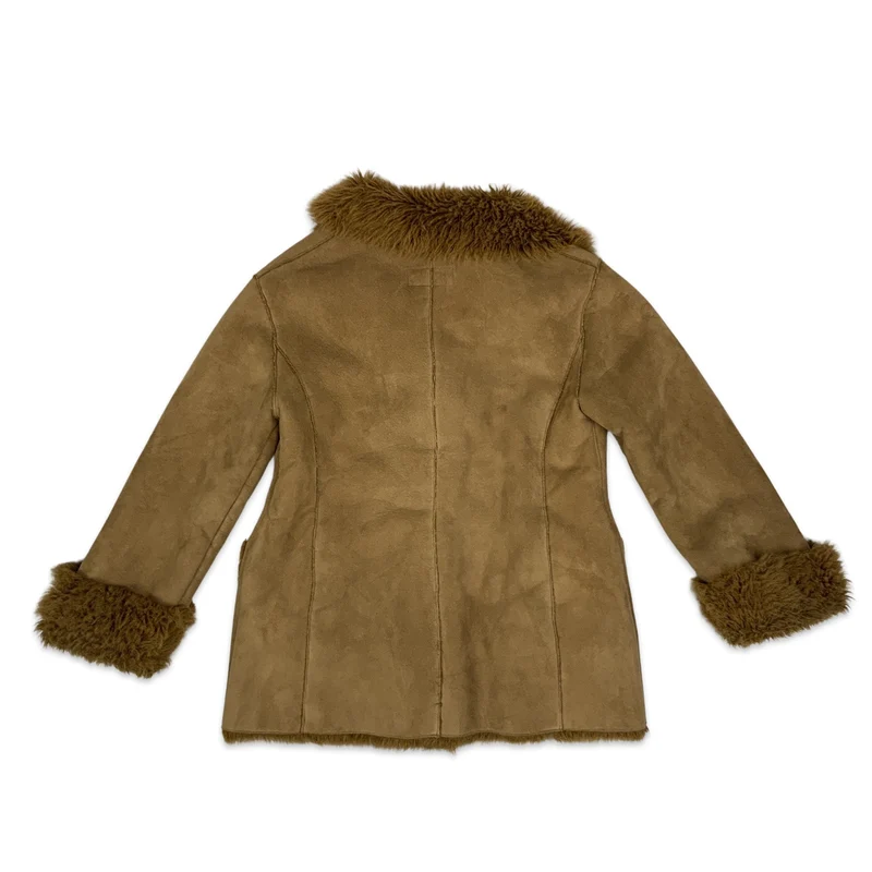 Vintage 90s Amitie Tan Shearling Coat with Faux Fur Collar 14 16