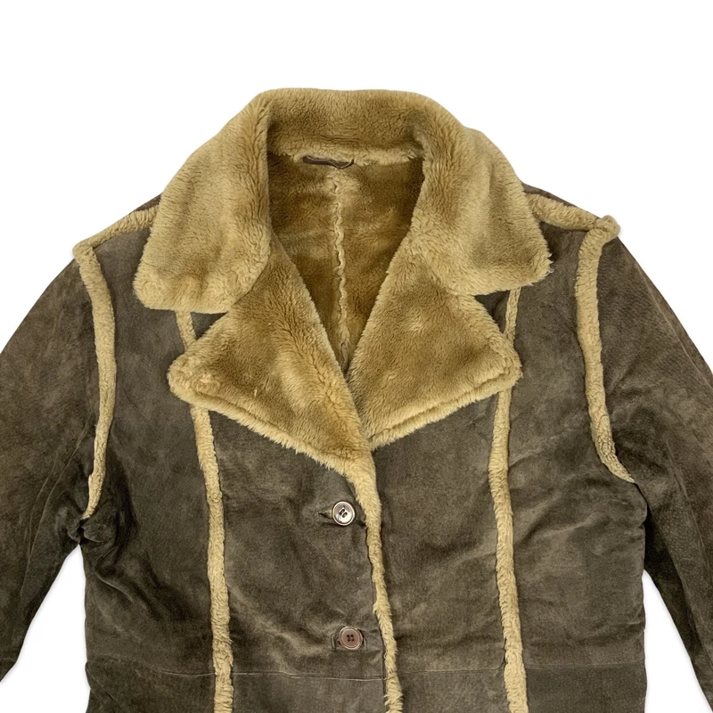 Vintage Brown Shearling Midi Coat with Faux Fur Trim 16 18