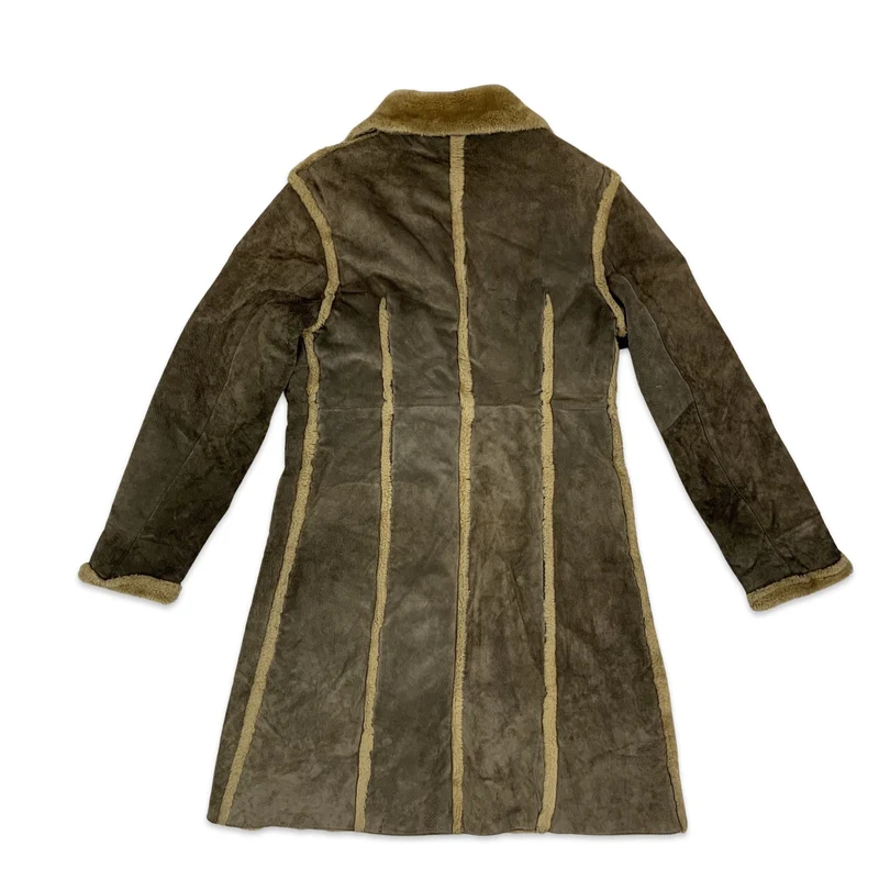 Vintage Brown Shearling Midi Coat with Faux Fur Trim 16 18