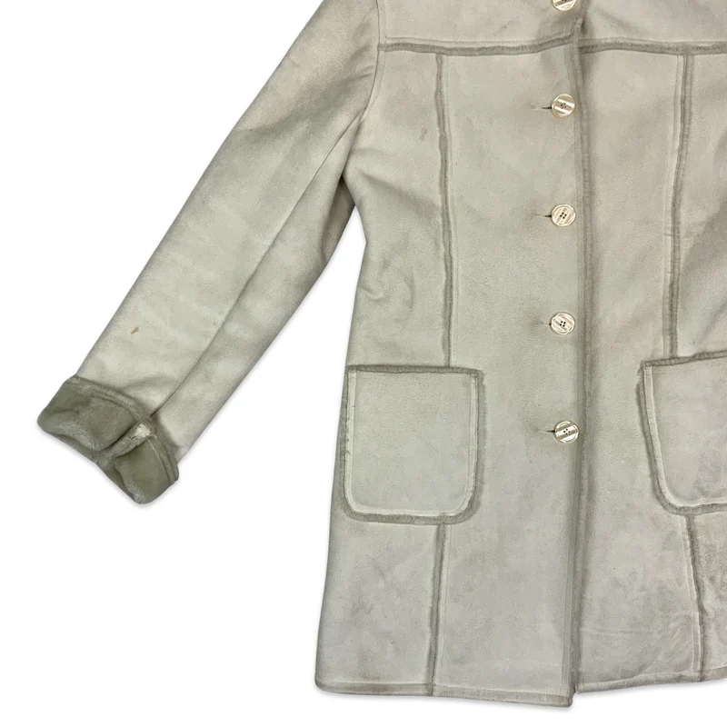 Vintage 90s Cream Hooded faux Shearling Coat Suede Jacket 14 16