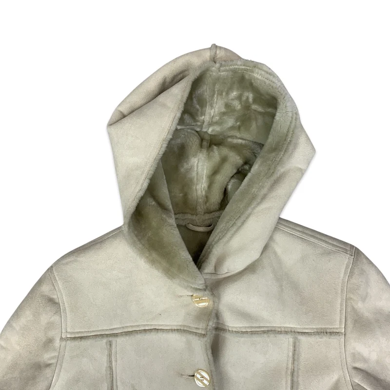 Vintage 90s Cream Hooded faux Shearling Coat Suede Jacket 14 16