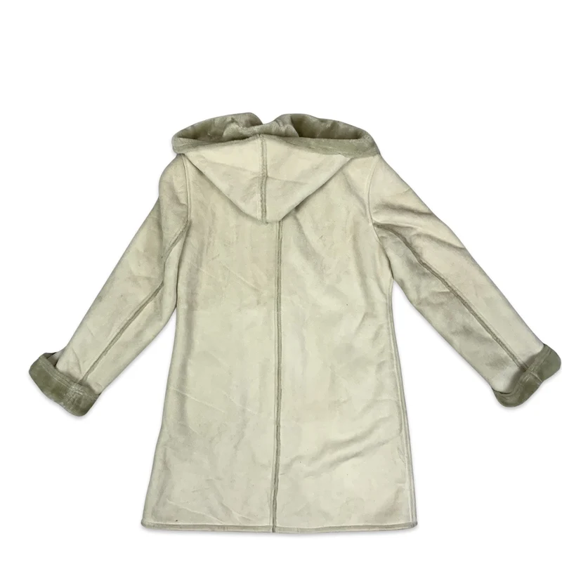 Vintage 90s Cream Hooded faux Shearling Coat Suede Jacket 14 16