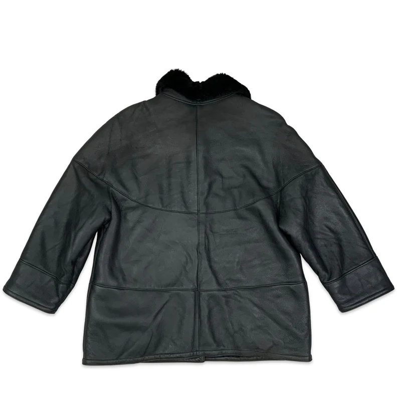 Vintage 80s Black Shearling Coat Sheepskin Jacket Suede 2XL