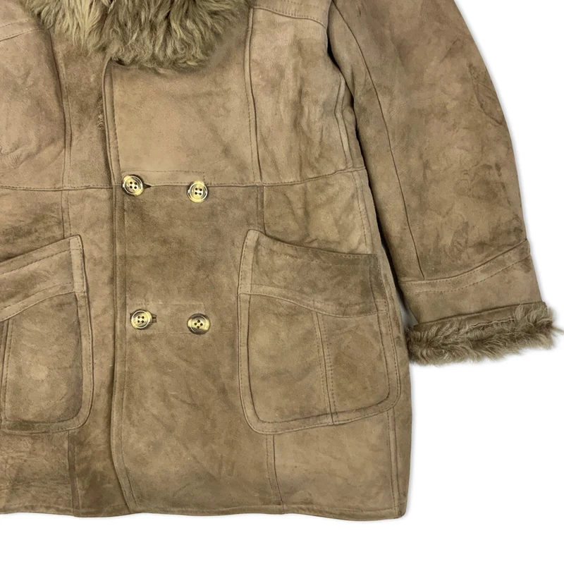 Vintage Y2K Double Breasted Light Brown Shearling Sheepskin Coat 16 18