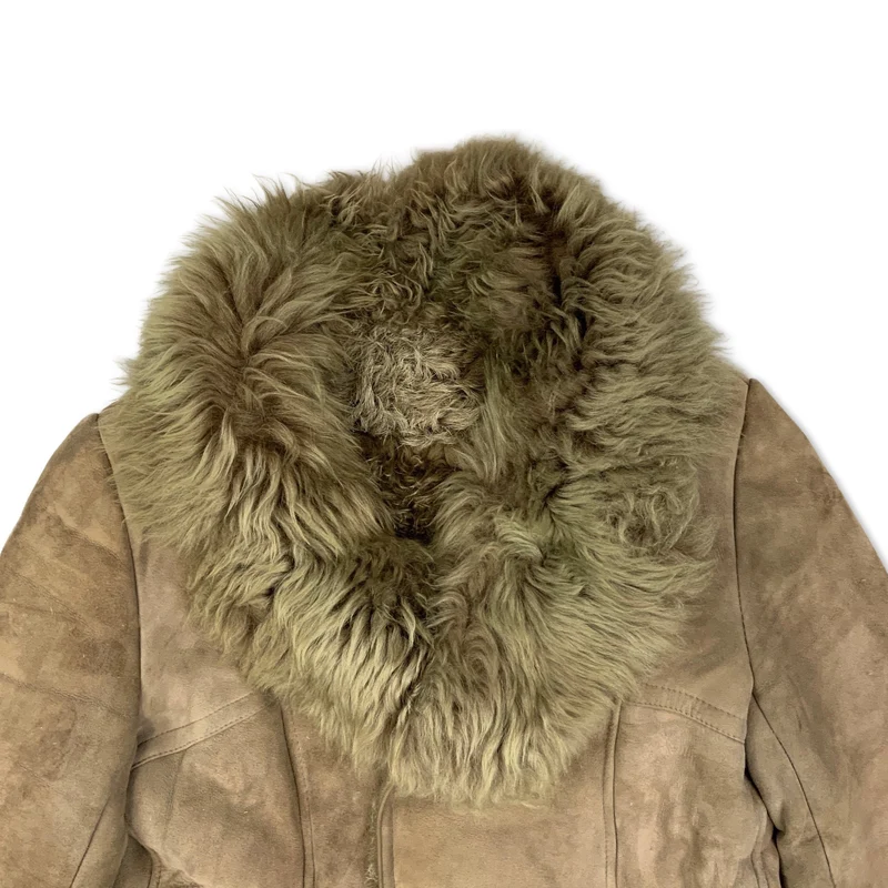 Vintage Y2K Double Breasted Light Brown Shearling Sheepskin Coat 16 18