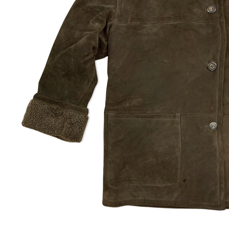 Vintage Womens Brown Suede Shearling Sheepskin Suede Coat Jacket 16-18