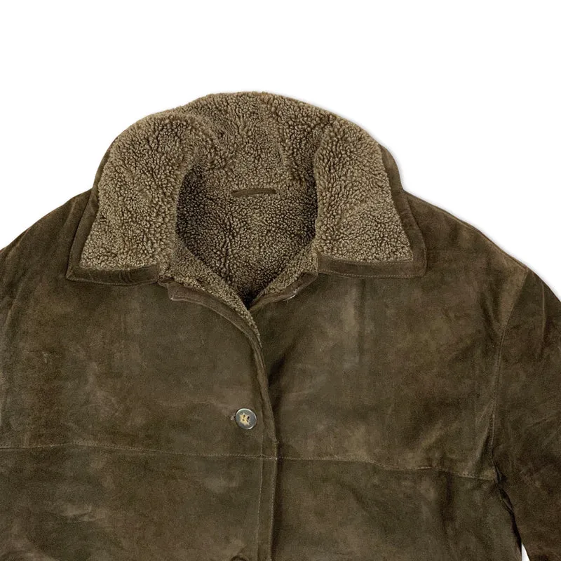 Vintage Womens Brown Suede Shearling Sheepskin Suede Coat Jacket 16-18