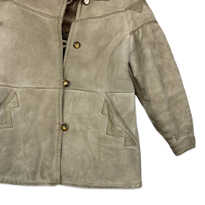 Vintage 80s Light Brown Tan Shearling Sheepskin Coat 10