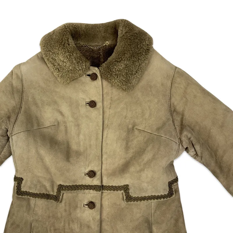 Vintage 70s Light Brown Sheepskin Embroidered Shearling Midi Coat S 10 12