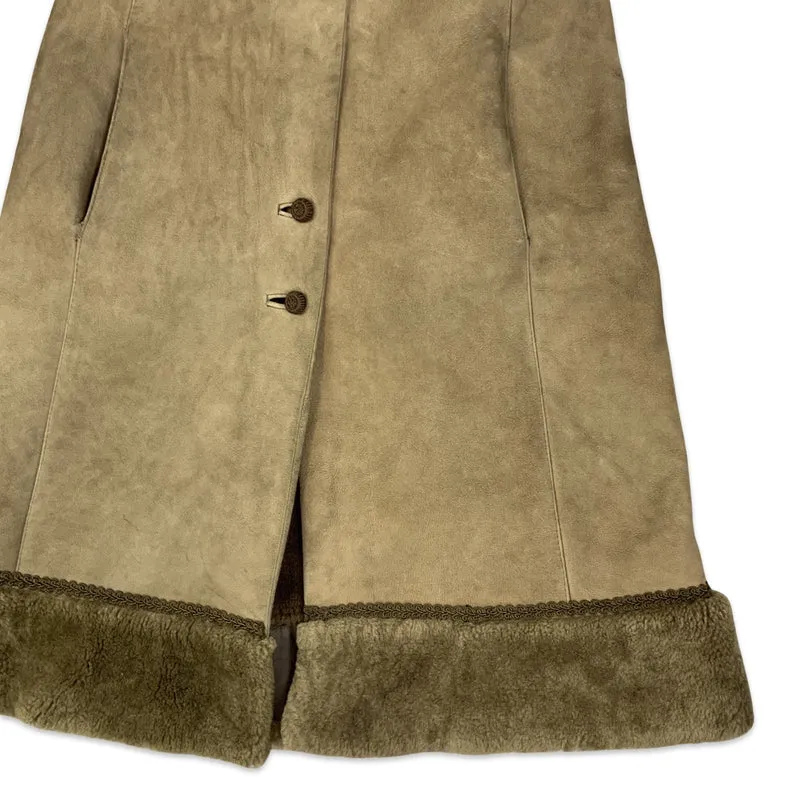 Vintage 70s Light Brown Sheepskin Embroidered Shearling Midi Coat S 10 12