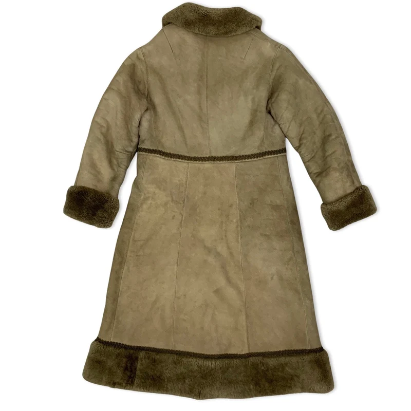 Vintage 70s Light Brown Sheepskin Embroidered Shearling Midi Coat S 10 12