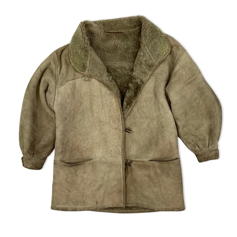 Vintage 80s Beige Sheepskin Shearling Coat 14 16
