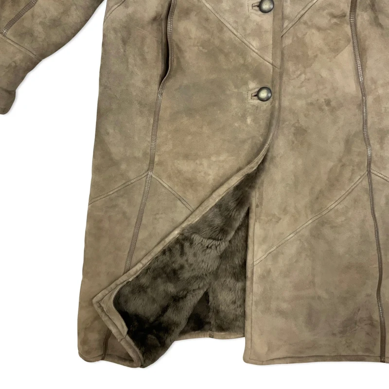 Vintage 70s 80s Womens Brown Shearling Midi Coat Sheepskin L 16
