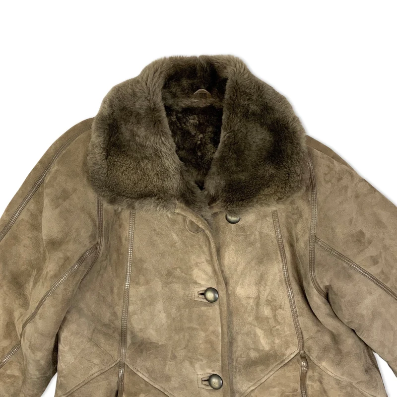 Vintage 70s 80s Womens Brown Shearling Midi Coat Sheepskin L 16
